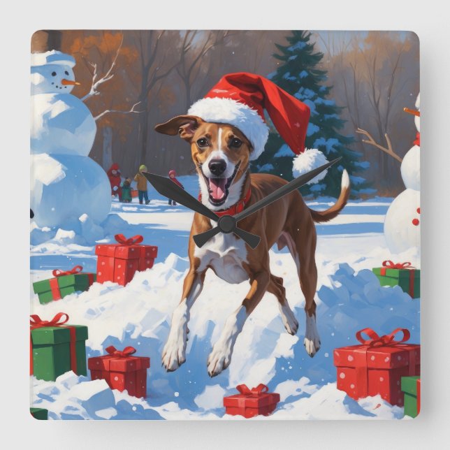 Greyhound Running in Snow with Christmas Hat Square Wall Clock (Front)