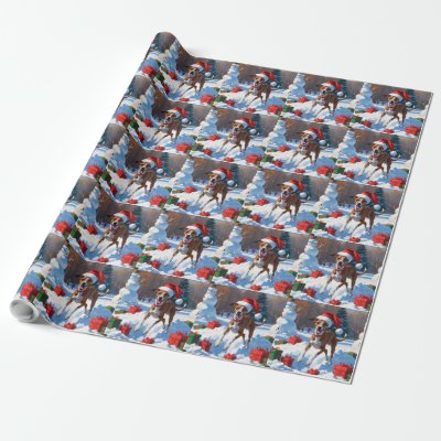 Greyhound Running in Snow with Christmas Hat Wrapping Paper