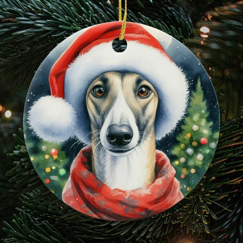 Greyhound Santa Hat Watercolor Christmas Ceramic Ornament