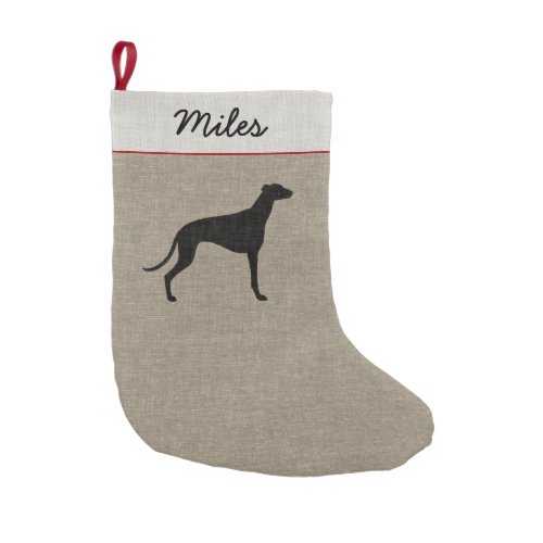 Greyhound Silhouette Faux Linen Dog Breed Holiday Small Christmas Stocking