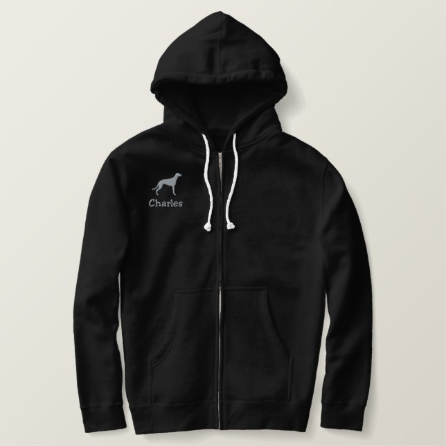Greyhound Silhouette with Custom Text Embroidered Hoodie (Design Front)