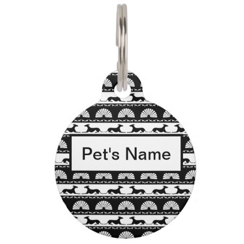 Greyhound Silhouettes Black White Art Deco Fan Pet ID Tag