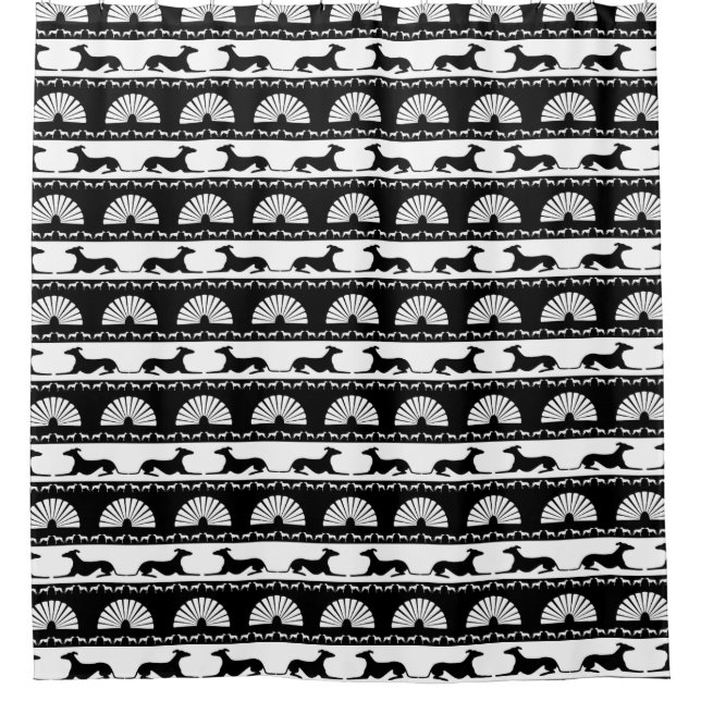 Greyhound Silhouettes Black White Art Deco Fan Shower Curtain (Front)
