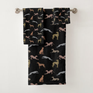 Greyhound Silhouettes Metallic Shades on Black Bath Towel Set
