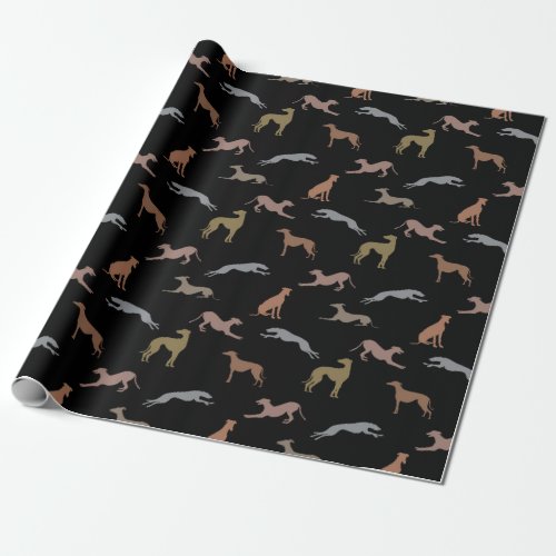 Greyhound Silhouettes Metallic Shades on Black Wrapping Paper