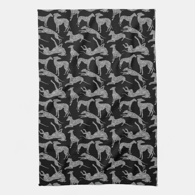 Greyhound Silhouettes Silver Faux Glitter Kitchen Towel (Vertical)