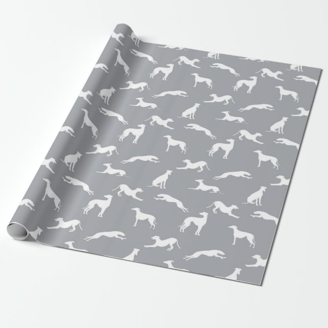 Greyhound Silhouettes White on Gray Wrapping Paper (Unrolled)