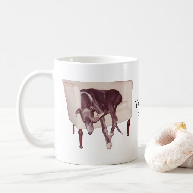 Greyhound Sleeping In Chair Cute Personalized Coffee Mug (With Donut)
