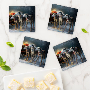 Greyhound Snowy Sleigh Christmas Decor Coaster Set
