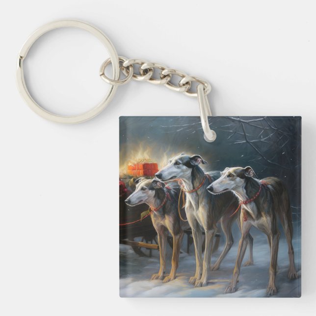 Greyhound Snowy Sleigh Christmas Decor Keychain (Front)
