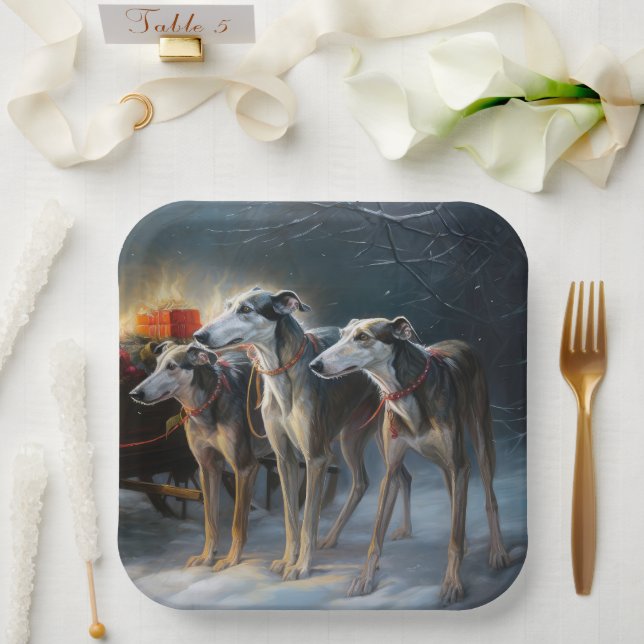 Greyhound Snowy Sleigh Christmas Decor Paper Plates (Wedding)