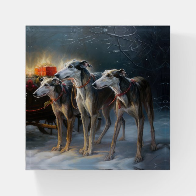 Greyhound Snowy Sleigh Christmas Decor Paperweight (Front)