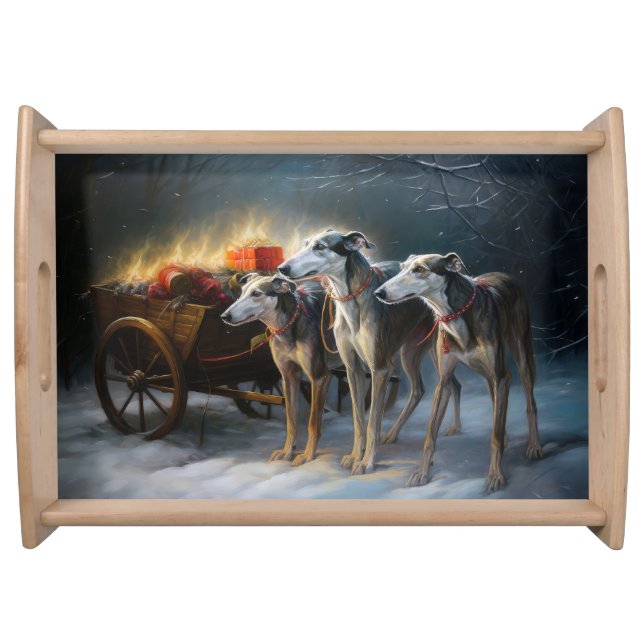 Greyhound Snowy Sleigh Christmas Decor Serving Tray (Front)
