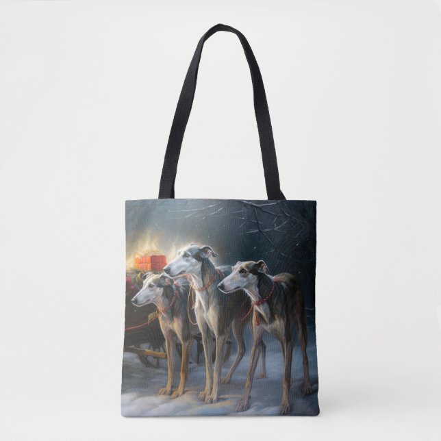 Greyhound Snowy Sleigh Christmas Decor Tote Bag (Front)