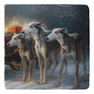 Greyhound Snowy Sleigh Christmas Decor Trivet