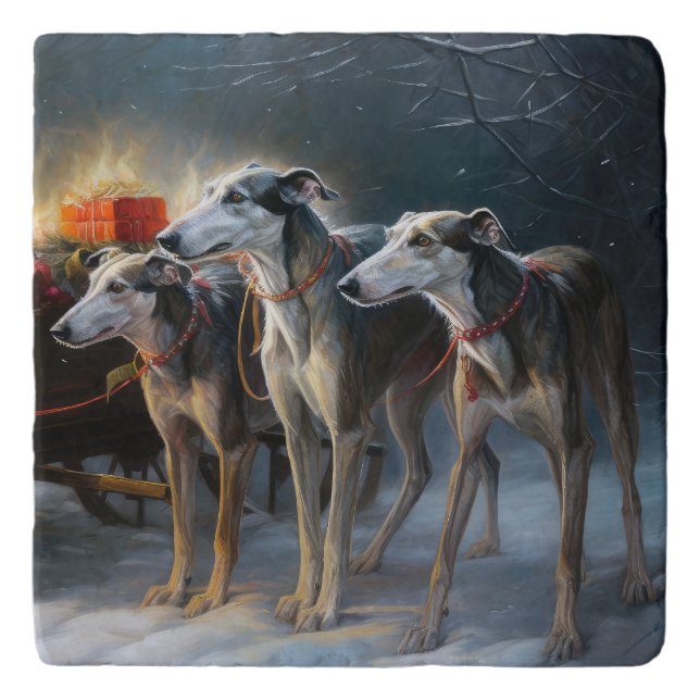 Greyhound Snowy Sleigh Christmas Decor Trivet (Front)