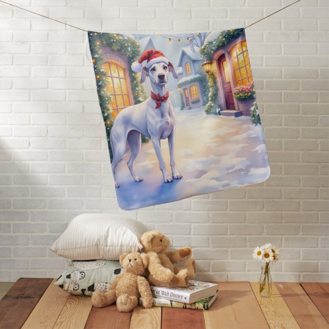 Greyhound Snowy Village Santa Hat Christmas Art Baby Blanket (In Situ)