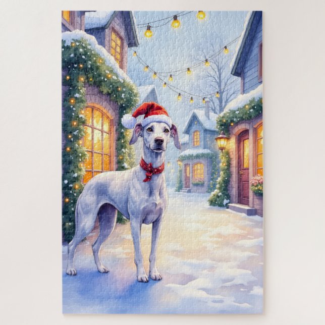 Greyhound Snowy Village Santa Hat Christmas Art Jigsaw Puzzle (Vertical)