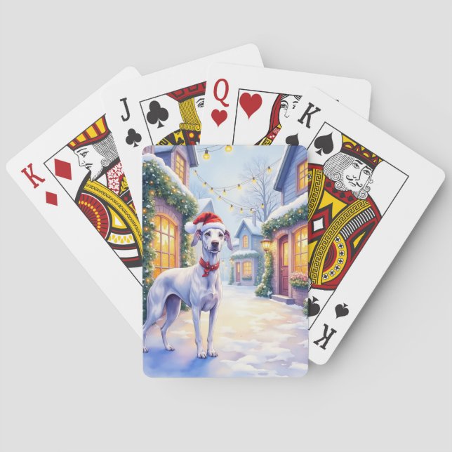 Greyhound Snowy Village Santa Hat Christmas Art Poker Cards (Back)