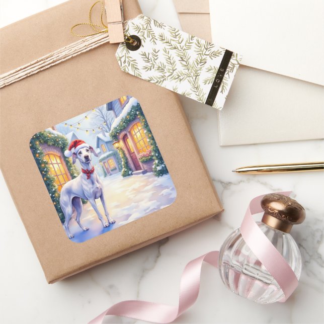 Greyhound Snowy Village Santa Hat Christmas Art Square Sticker (Gifting)