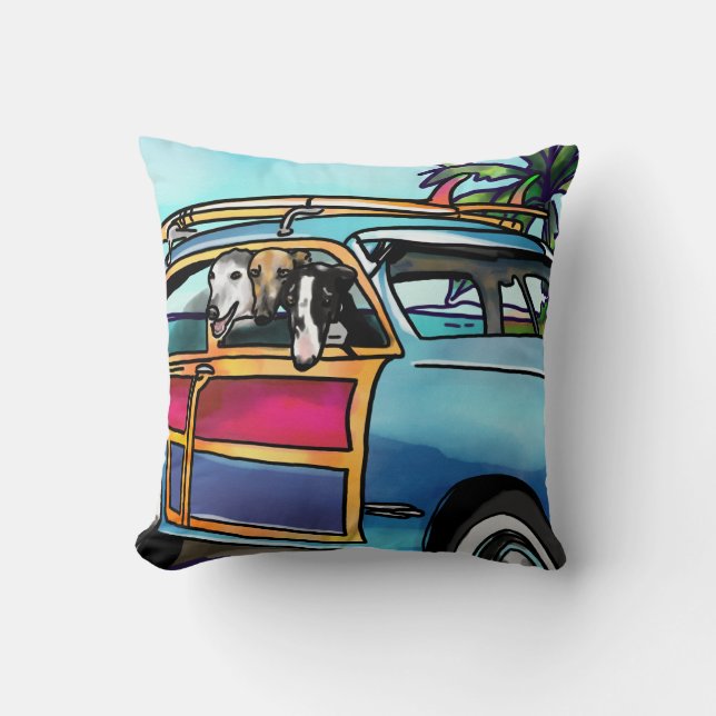 Greyhound Surf Dogs in Hawaii Throw Pillow (Front)