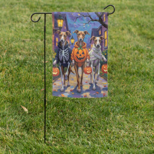 Greyhound Trick-or-Treating in Halloween Costumes Garden Flag