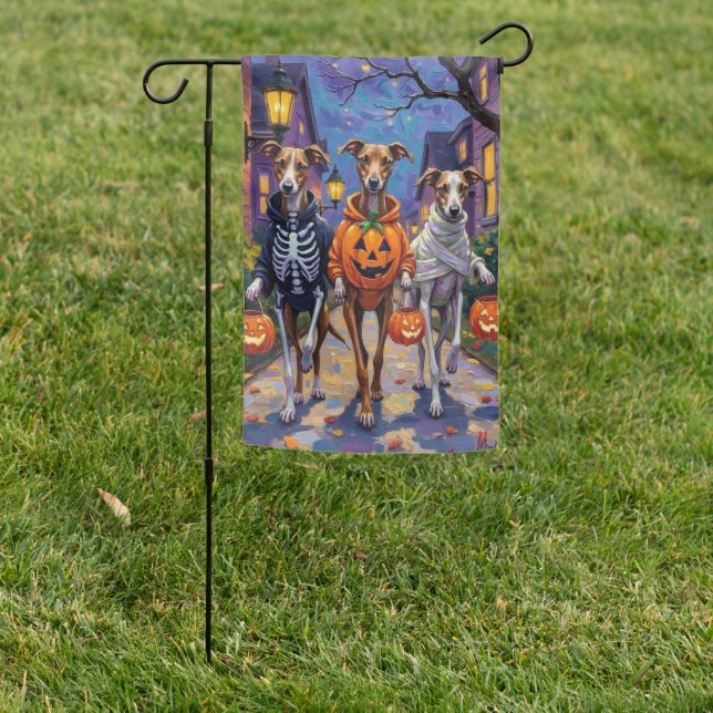 Greyhound Trick-or-Treating in Halloween Costumes Garden Flag (In SItu)