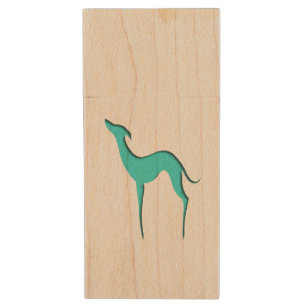 Greyhound Whippet dog Elegant turquoise silhouette Wood USB Flash Drive