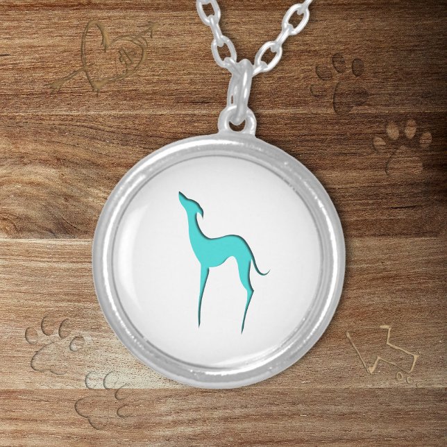 Greyhound Whippet dog turquoise blue silhouette Silver Plated Necklace (Cute and elegant gift for Italian Greyhound / Whippet owner and dog lover)