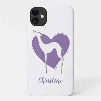 Greyhound whippet silhouette and cute violet heart iPhone 11 case
