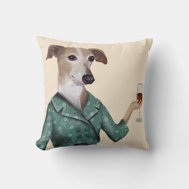 Greyhound Wine Snob Throw Pillow (Front)