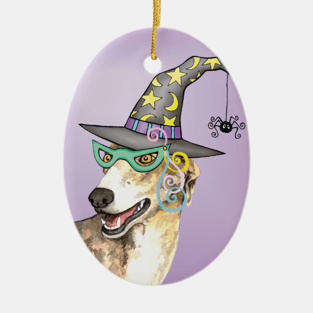 Greyhound Witch Ceramic Ornament (Front)