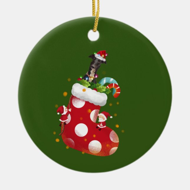 Greyhound With Hat LIGHTS Christmas Ceramic Ornament (Front)
