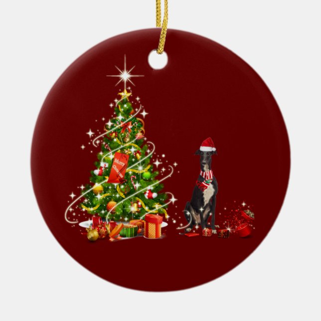 greyhound With Hat Scaft Christmas Ceramic Ornament (Front)