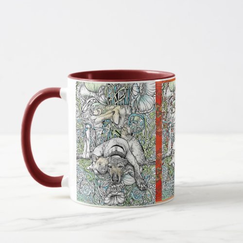 Greyhound with pig and goat in flowers mug