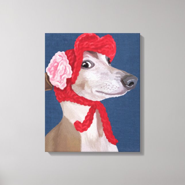 Greyhound with Red Woolly Hat Canvas Print (Front)