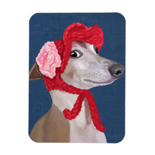Greyhound with Red Woolly Hat Magnet