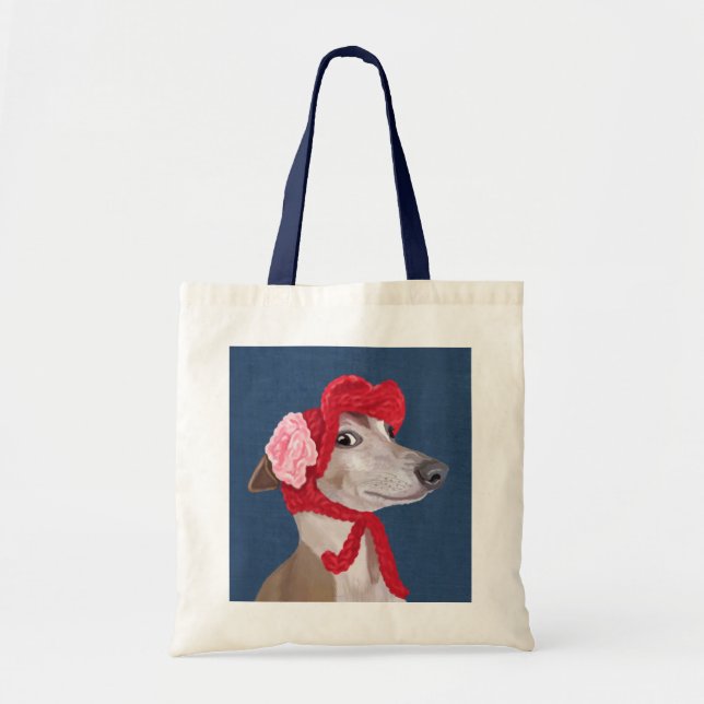 Greyhound with Red Woolly Hat Tote Bag (Front)