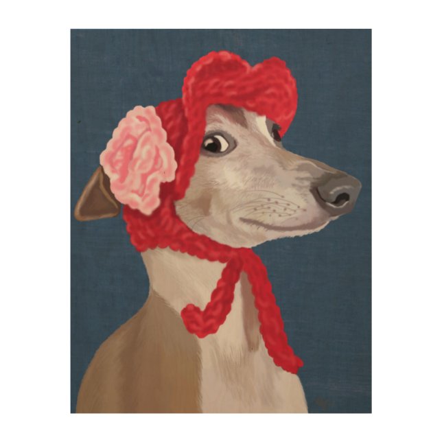 Greyhound with Red Woolly Hat Wood Wall Art (Front)