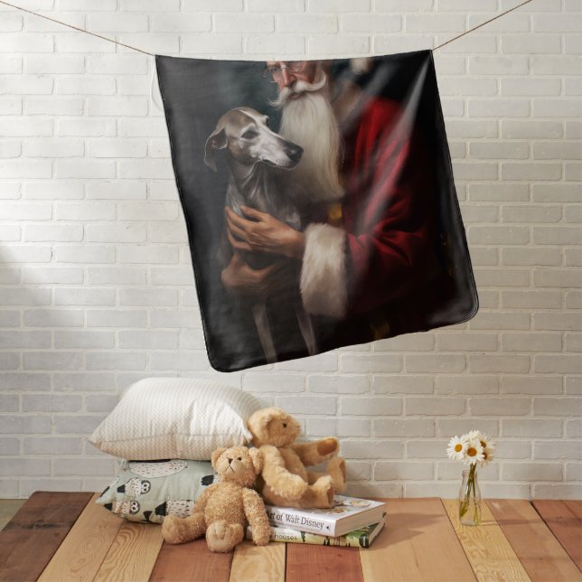 Greyhound With Santa Claus Festive Christmas Baby Blanket (In Situ)