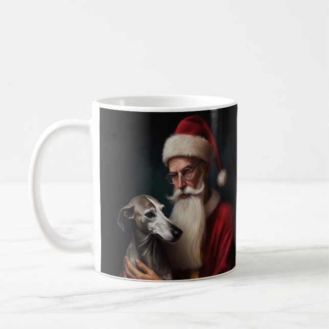 Greyhound With Santa Claus Festive Christmas Coffee Mug (Left)