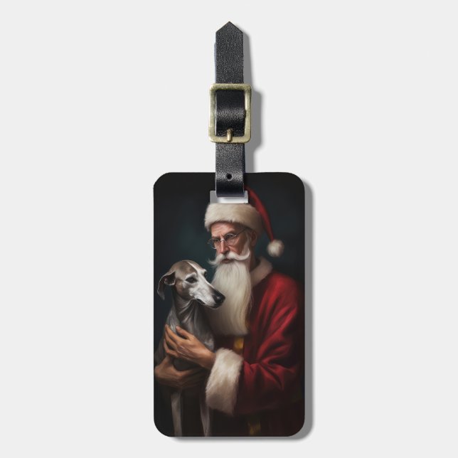 Greyhound With Santa Claus Festive Christmas Luggage Tag (Front Vertical)