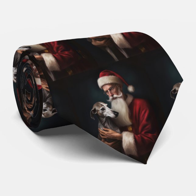 Greyhound With Santa Claus Festive Christmas Neck Tie (Rolled)