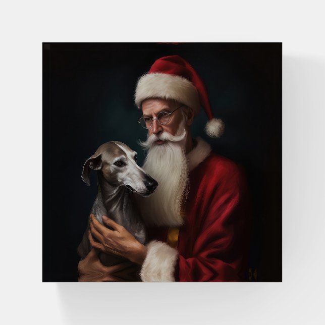 Greyhound With Santa Claus Festive Christmas Paperweight (Front)