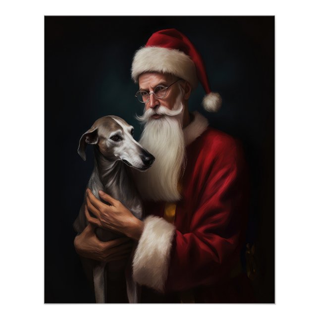 Greyhound With Santa Claus Festive Christmas Poster (Front)