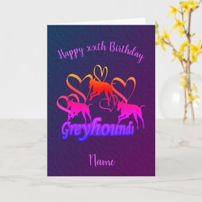 Greyhounds And Hearts Personalized Birthday  Card (Yellow Flower)