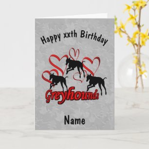 Greyhounds And Red Hearts Birthday Card