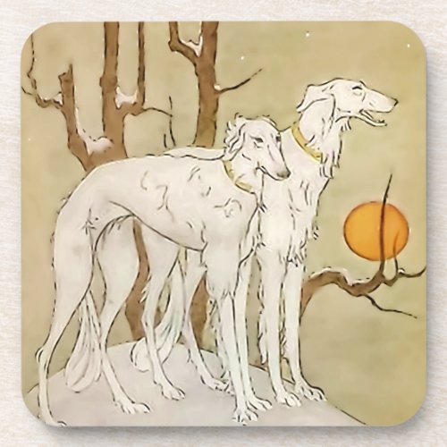 Greyhounds in Winter by Marjorie Miller Beverage Coaster