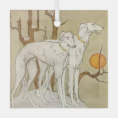 Greyhounds in Winter by Marjorie Miller Glass Ornament