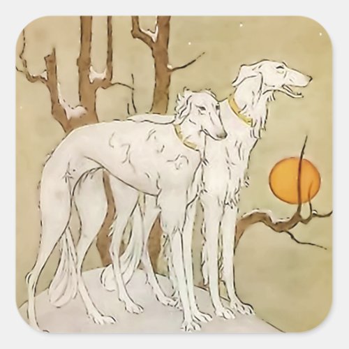 âœGreyhounds in Winterâ by Marjorie Miller Square Sticker